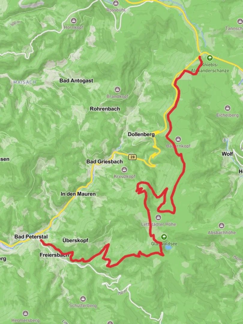 An image depicting the trail Bad Peterstal to Bei Der Schanz Walk and its surrounding area.