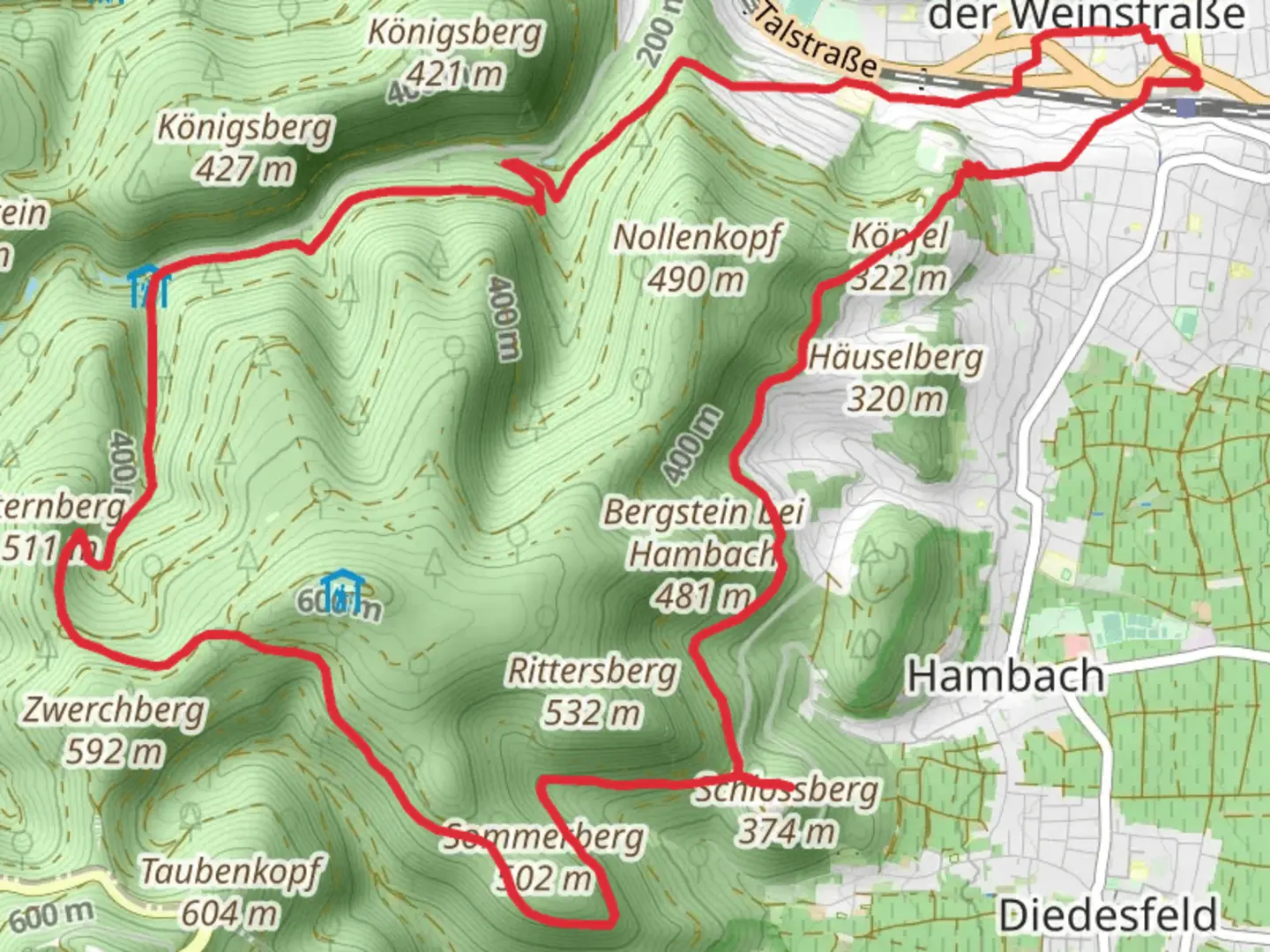 An image depicting the trail Neustadt Hauptbahnhof Loop via Hambacher Schloss and its surrounding area.