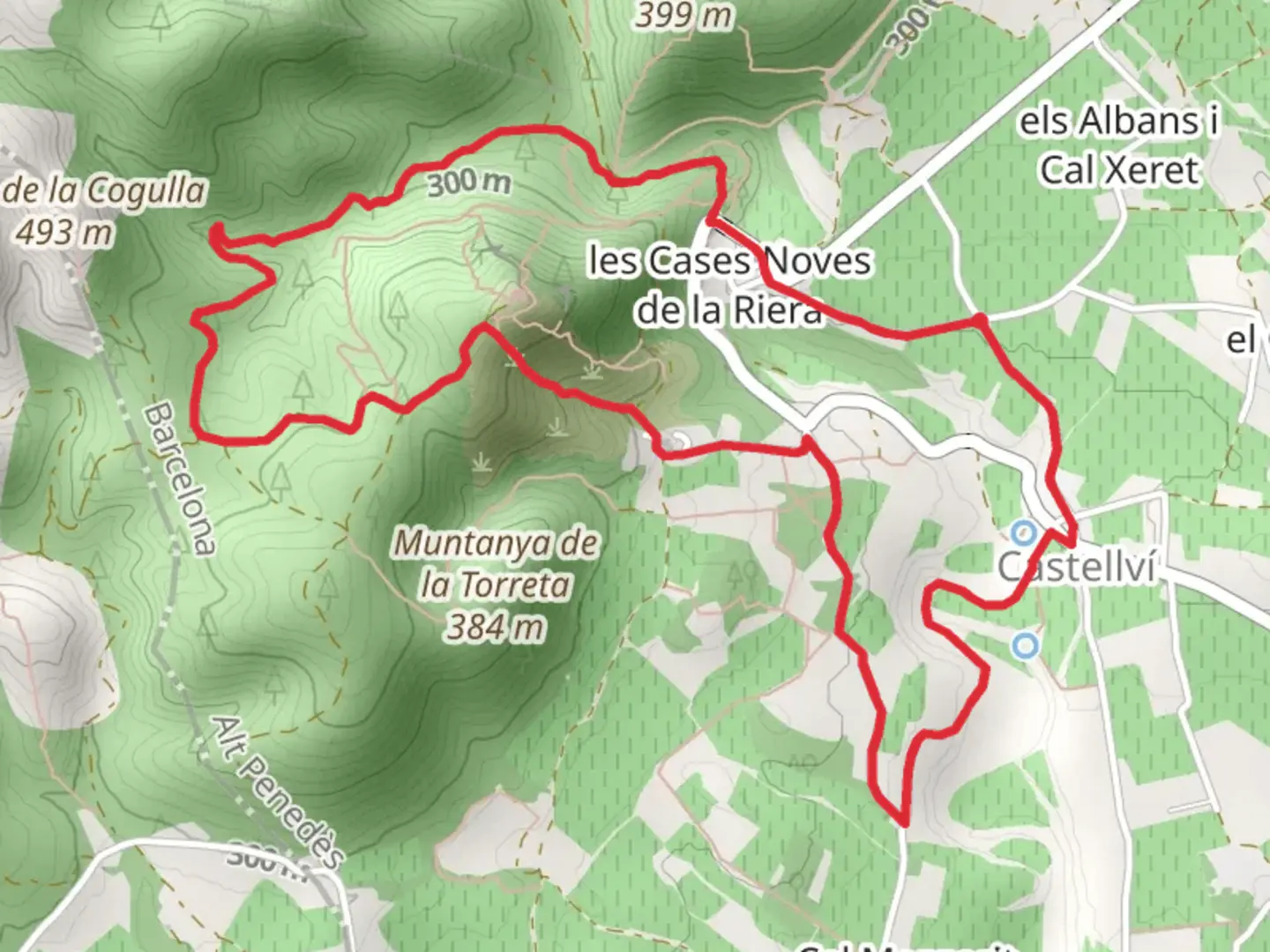 An image depicting the trail Cases Noves de la Riera - El Maset dels Cosins PR C 154-1 and its surrounding area.