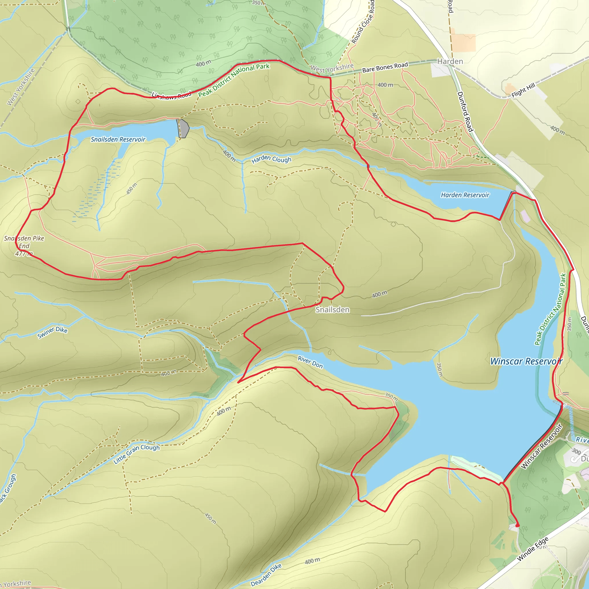 Winscar Reservoir, Harden Reservoir and Snailsden Reservoir Loop mobile static map