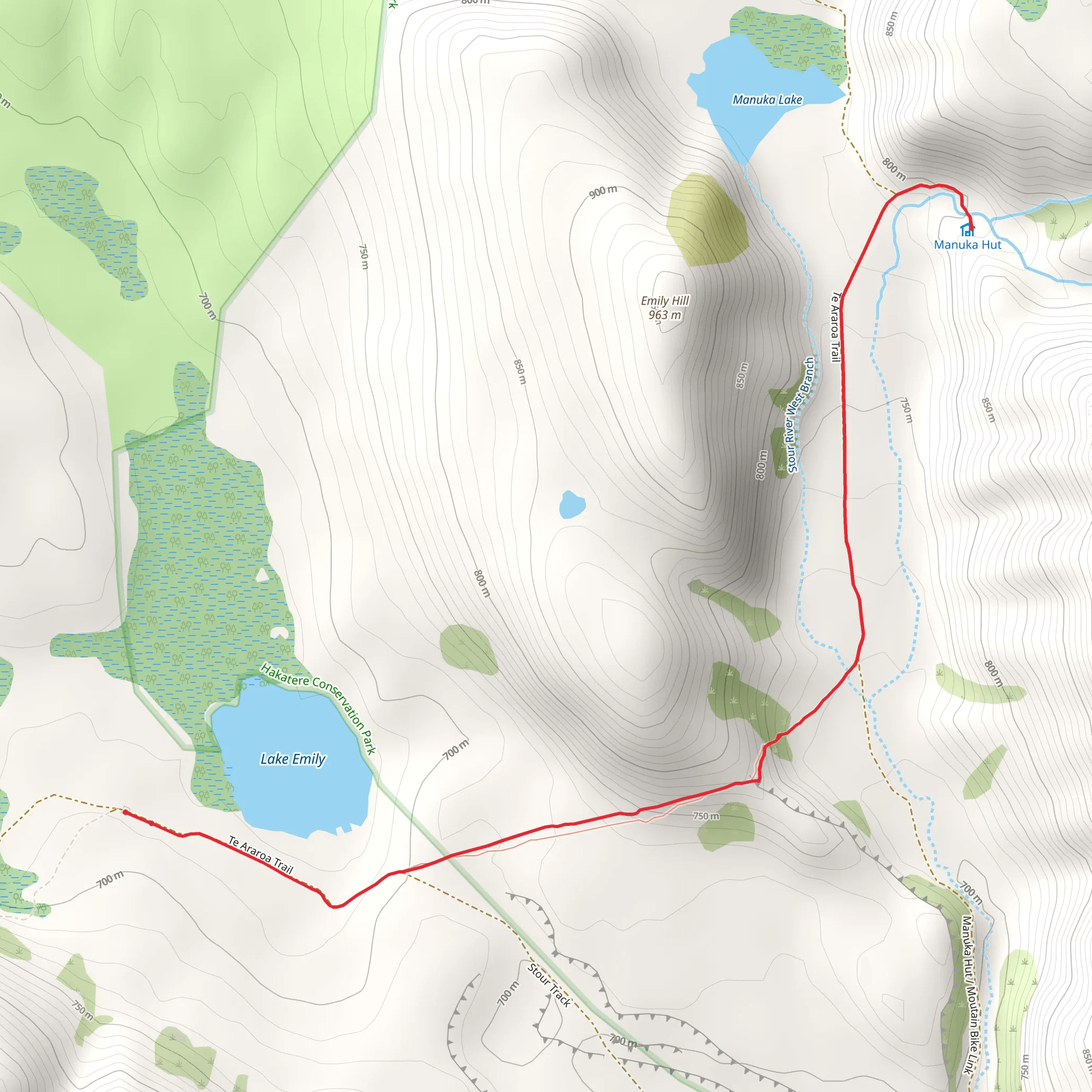 Lake Emily to Manuka Hut mobile static map