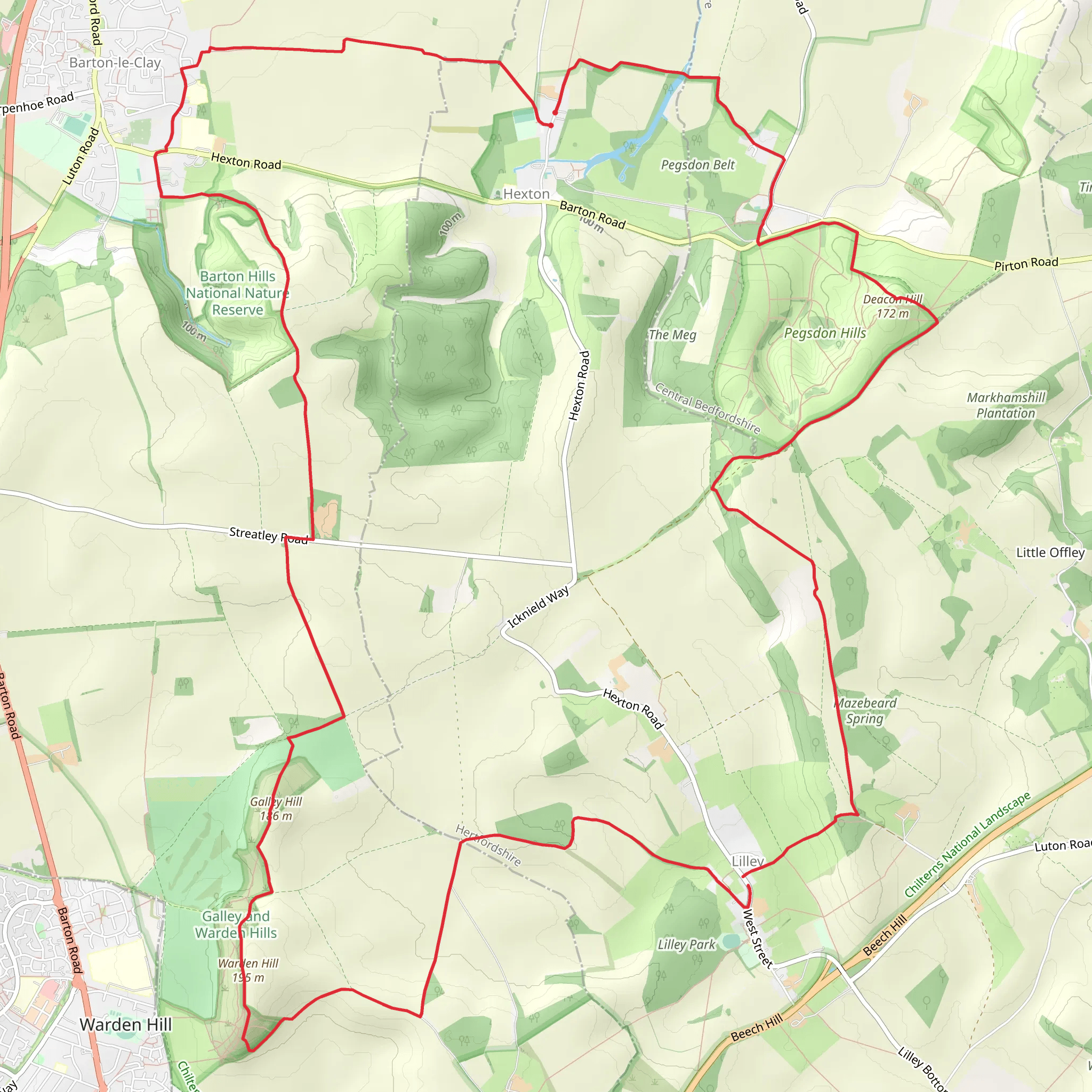 Hill Walking from Hexton including Lilley Hoo mobile static map