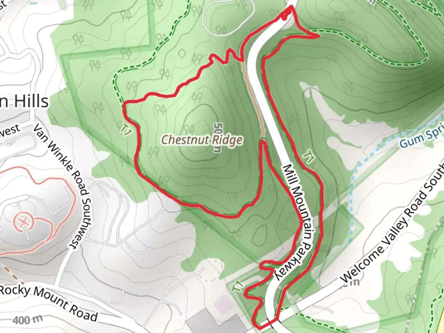 An image depicting the trail Chestnut Ridge and Fraiter Park Loop and its surrounding area.