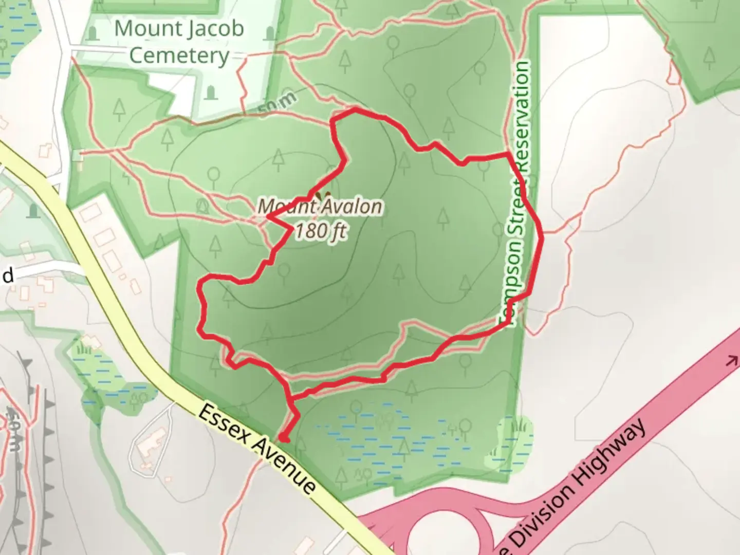 An image depicting the trail Mount Avalon Loop from Essex Avenue and its surrounding area.