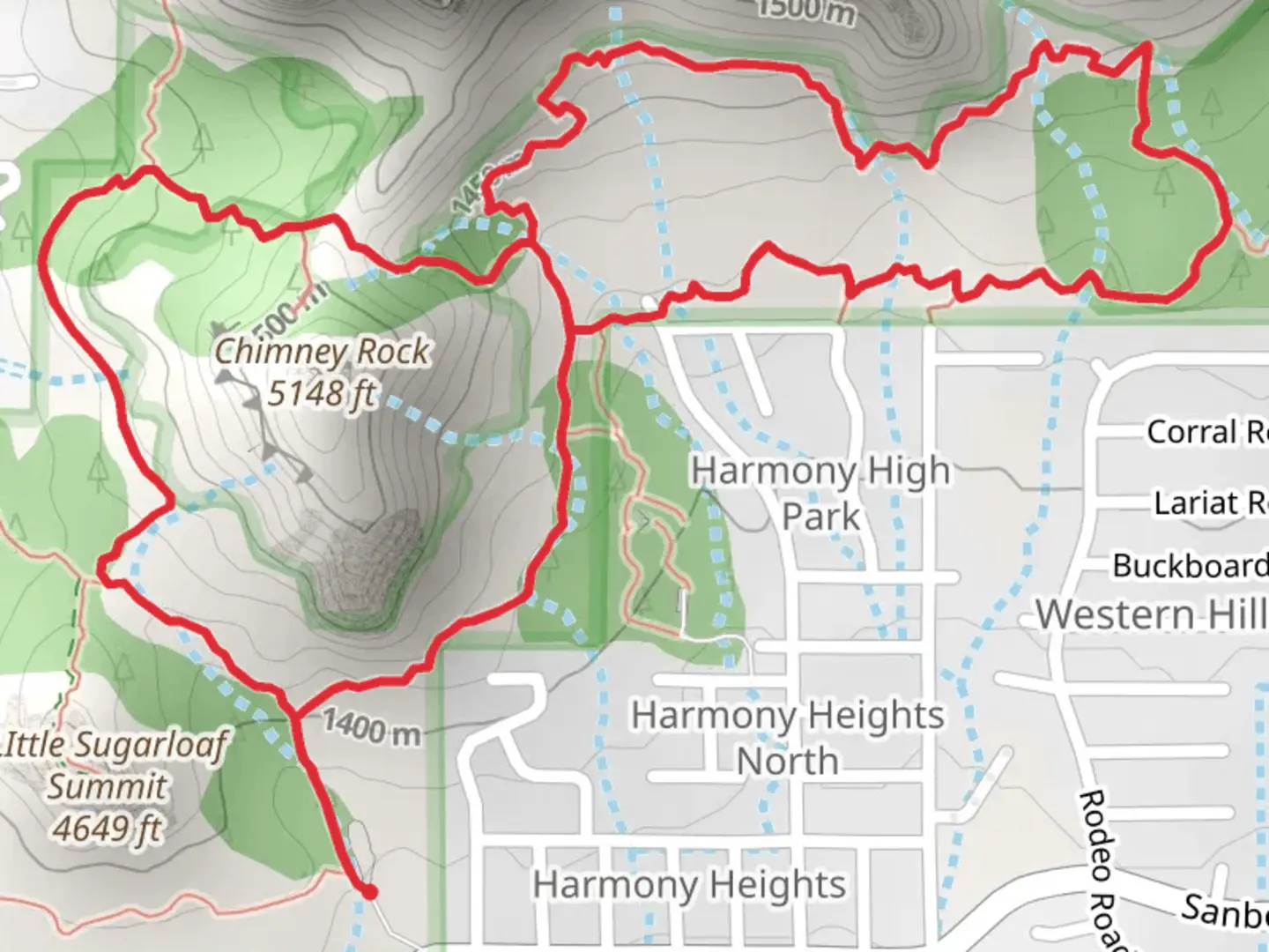 An image depicting the trail Thunder Mountain, Andante and Chimney Rock Pass Loop Trail and its surrounding area.