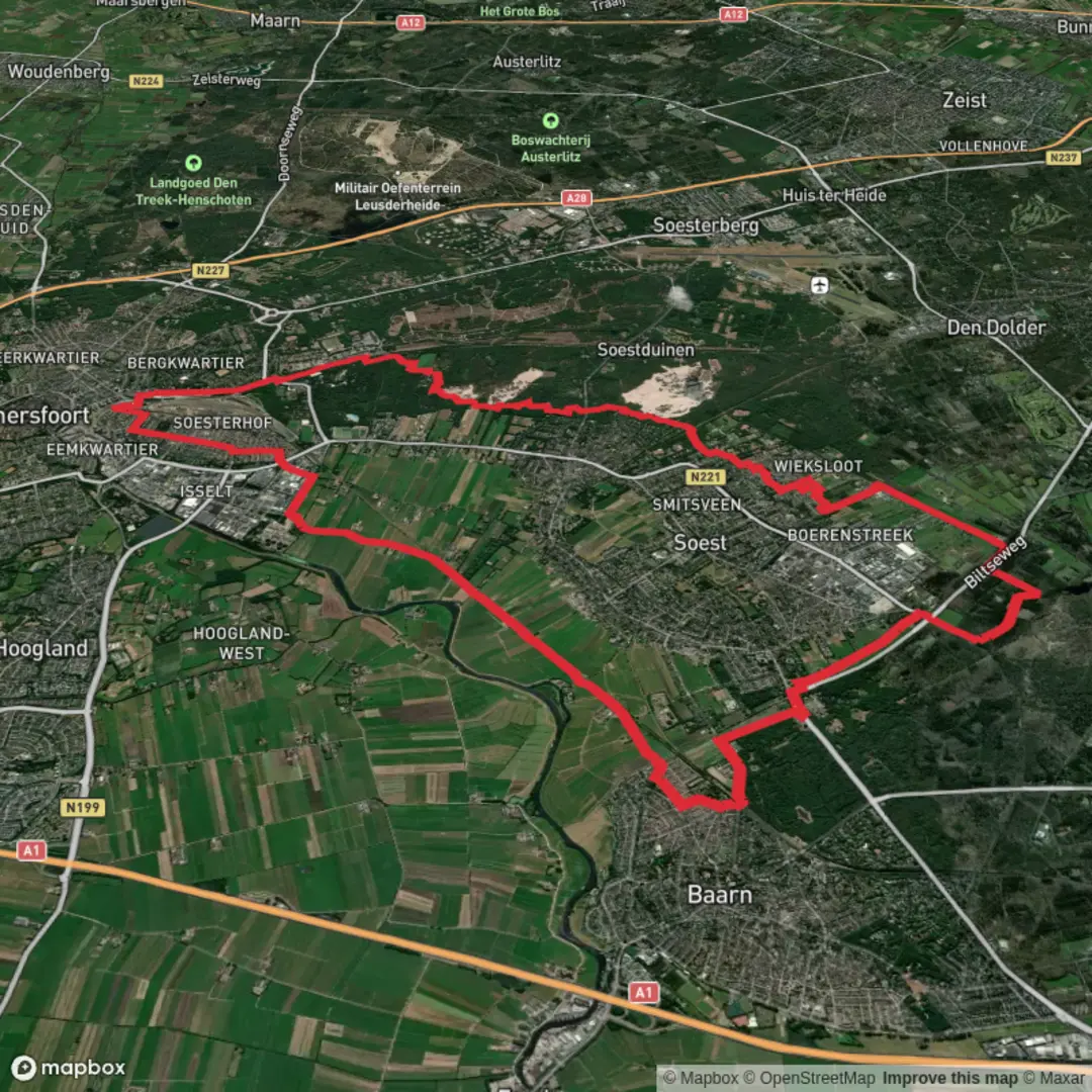 An image depicting the trail Soesterveen, Het Hondenland and Birkhoven Loop and its surrounding area.