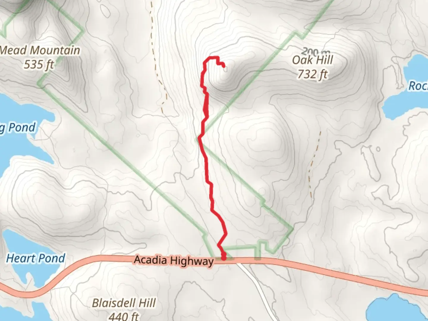 An image depicting the trail Oak Hill Trail via Acadia Highway and its surrounding area.