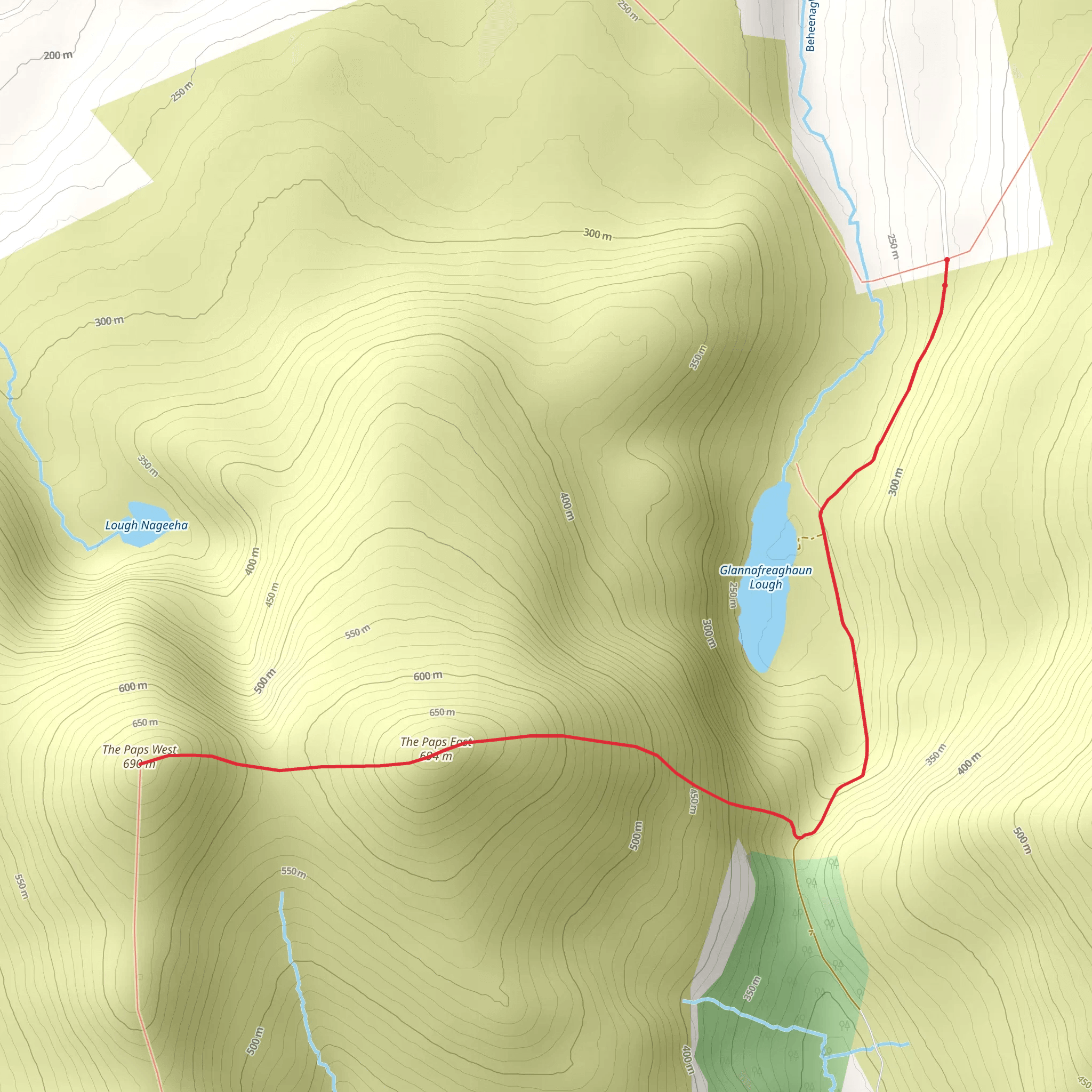 The Paps via Glannafreaghaun Lough mobile static map