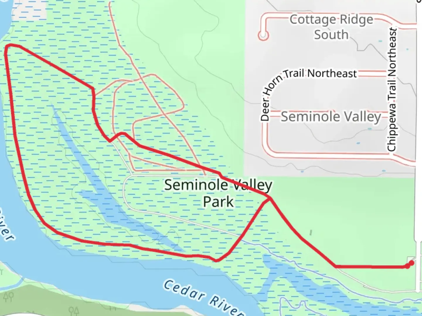 An image depicting the trail Seminole Valley and Cedar River Loop and its surrounding area.
