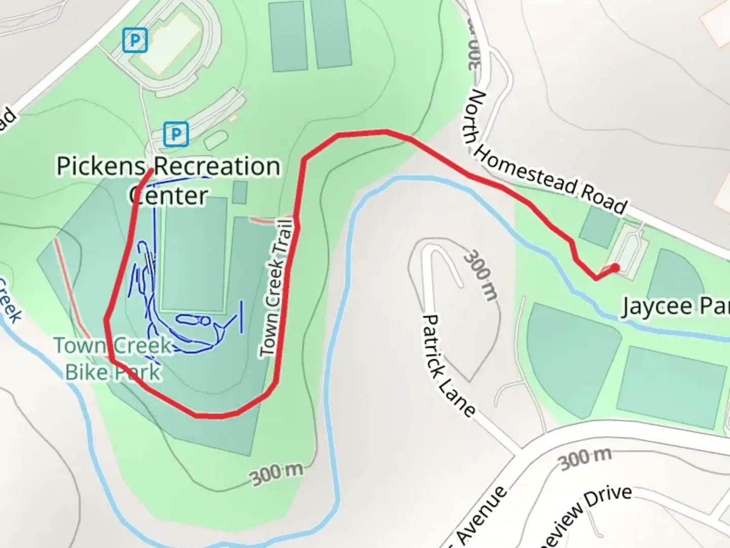 An image depicting the trail Pickens Recreation Canter via Town Creek Trail and its surrounding area.