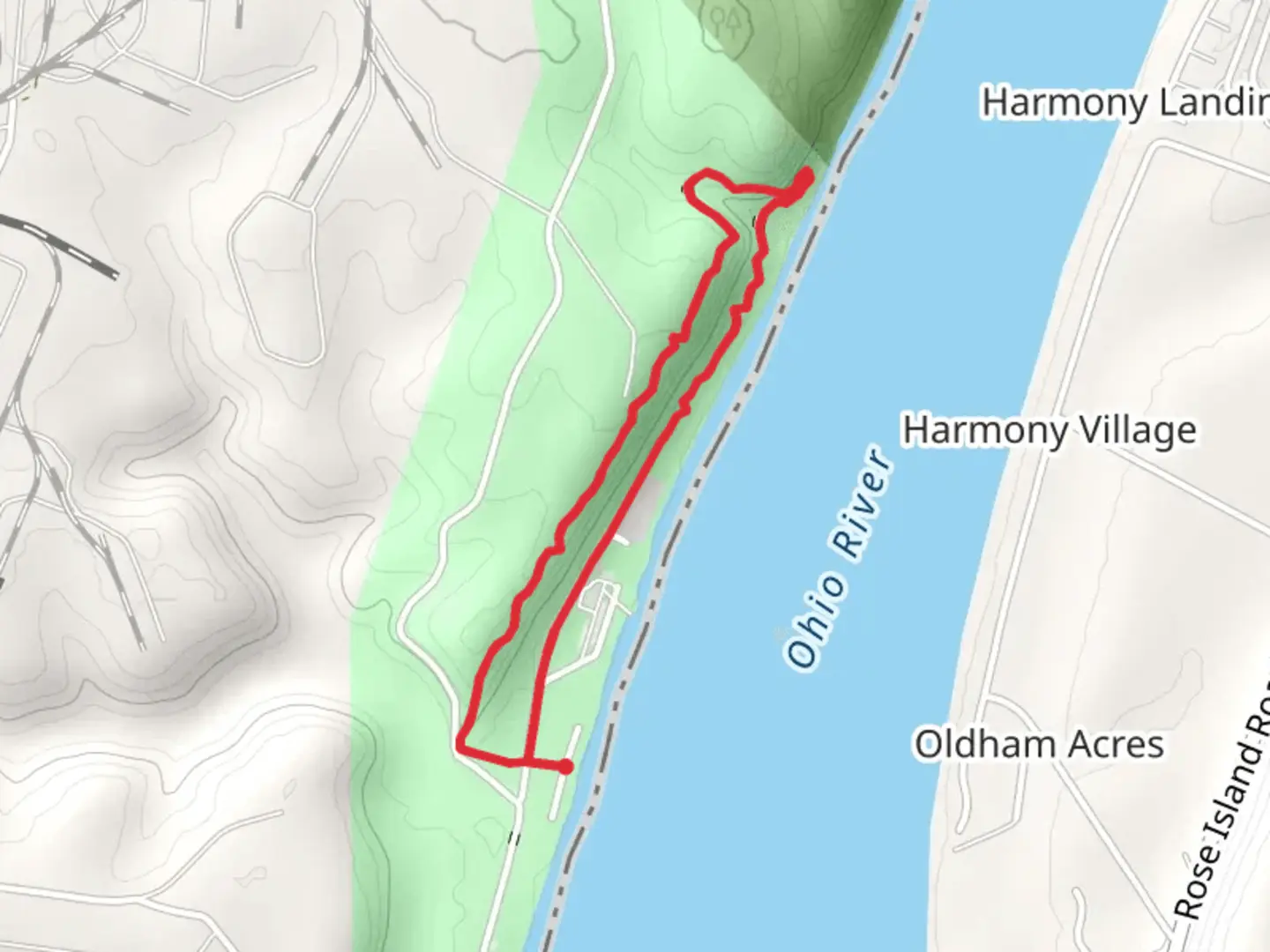 An image depicting the trail Charlestown State Park Loop and its surrounding area.