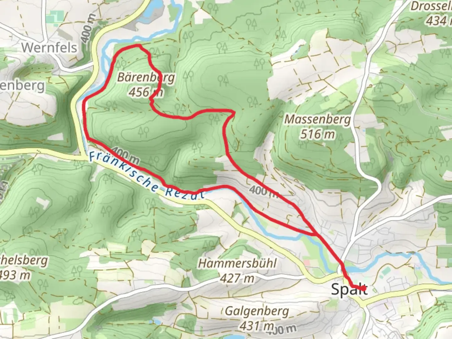 An image depicting the trail Lutherweg Bayern Mittelfranken and Burgen un Schloesser Loop and its surrounding area.