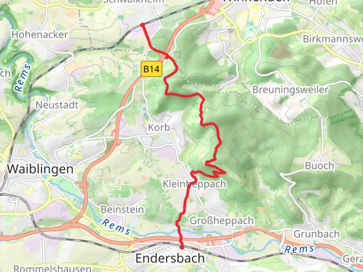 An image depicting the trail Schwaikheim to Endersbach via Kleinheppacher Kopf and Remstalweg and its surrounding area.