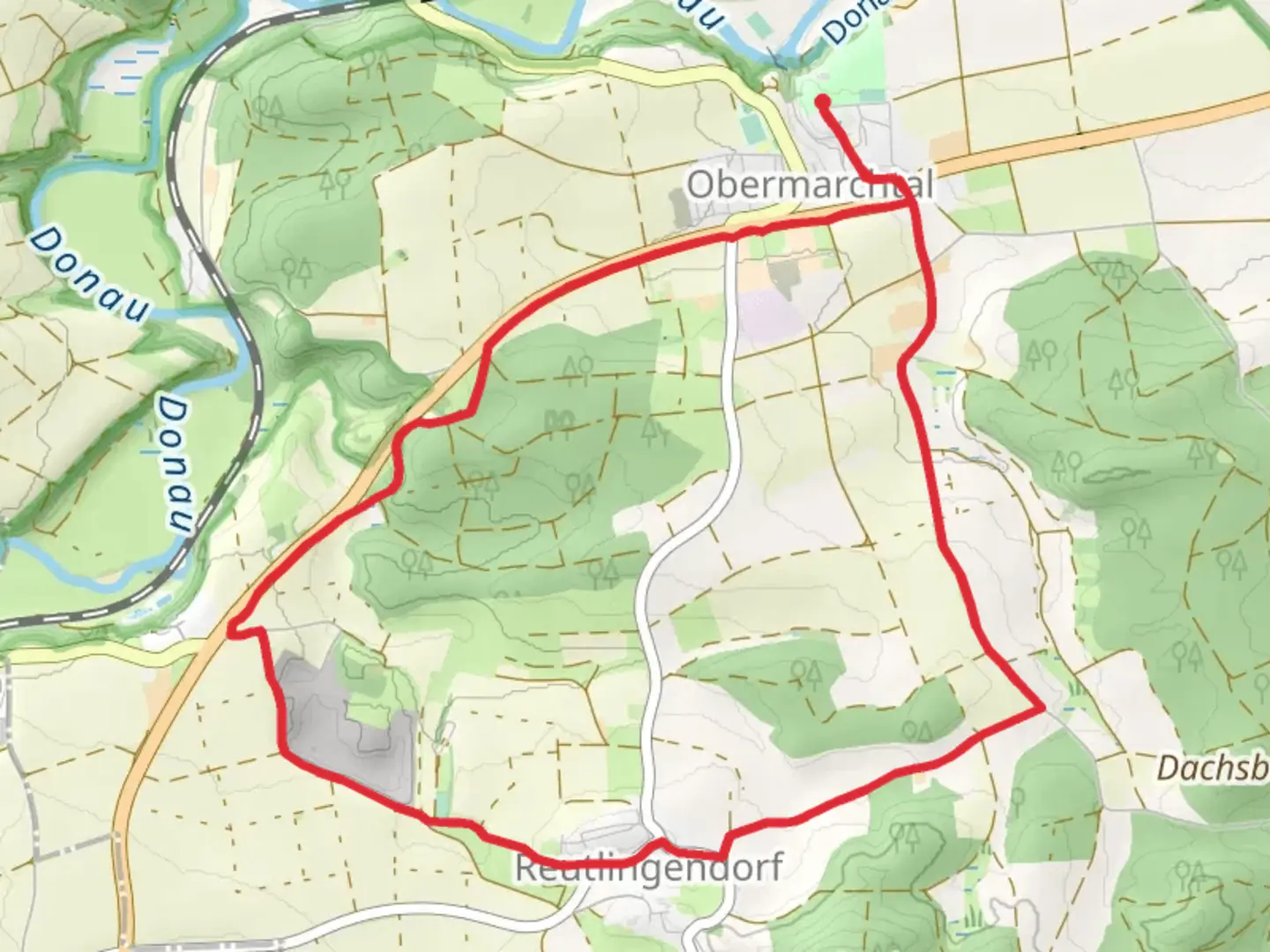 An image depicting the trail Obermarchtal to Reutlingendorf Loop and its surrounding area.