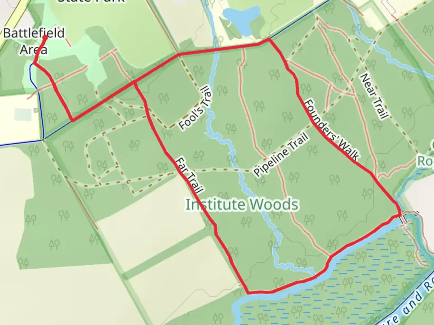 An image depicting the trail Trolley Track, Founders' Walk and Far Loop Trail and its surrounding area.
