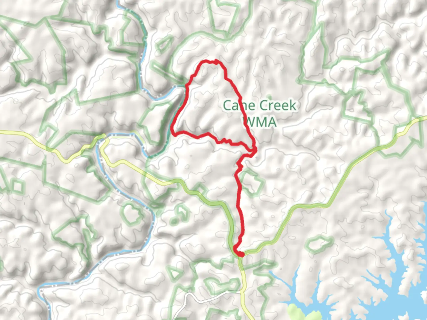 An image depicting the trail Vanhook Branch and Cane Creek Loop and its surrounding area.