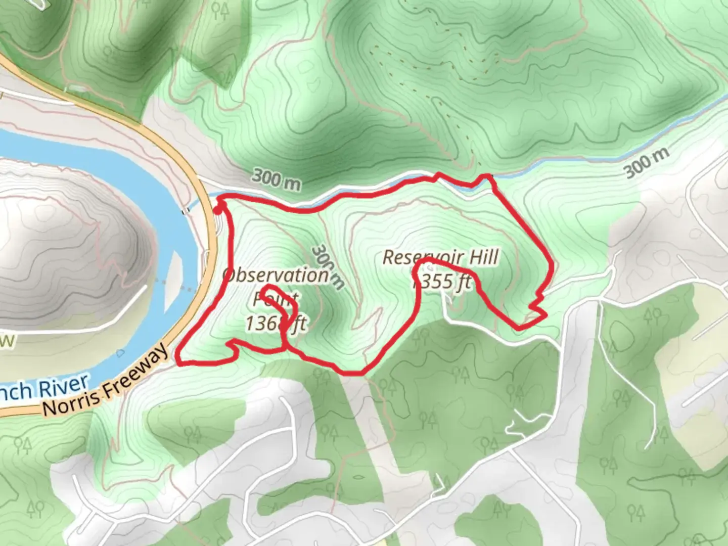 An image depicting the trail Cliff Trail, Obervation Point Trail and Clear Creek Loop Trail and its surrounding area.