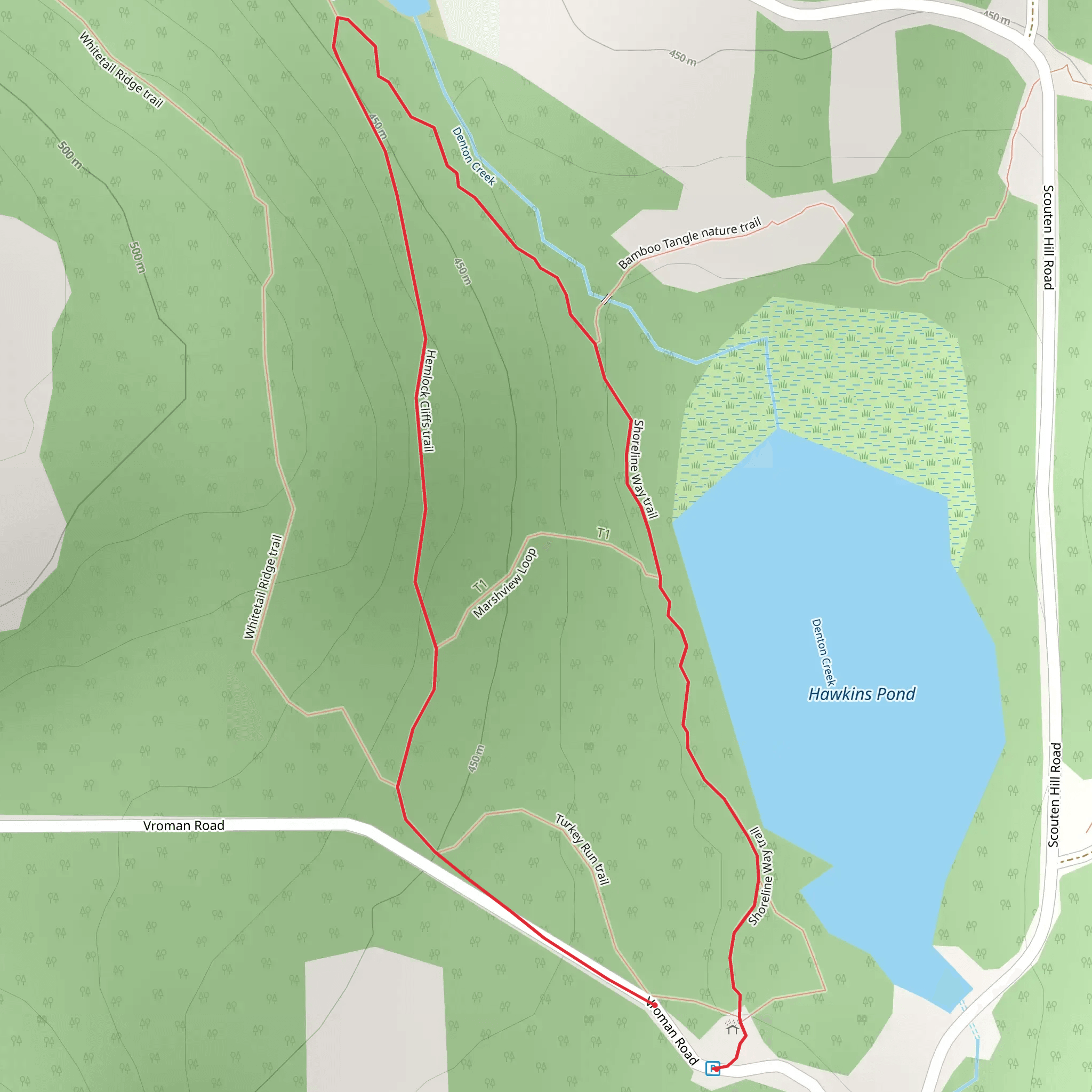 Hawkins Pond via Shoreline Way Trail and Hemlock Cliffs Trail mobile static map