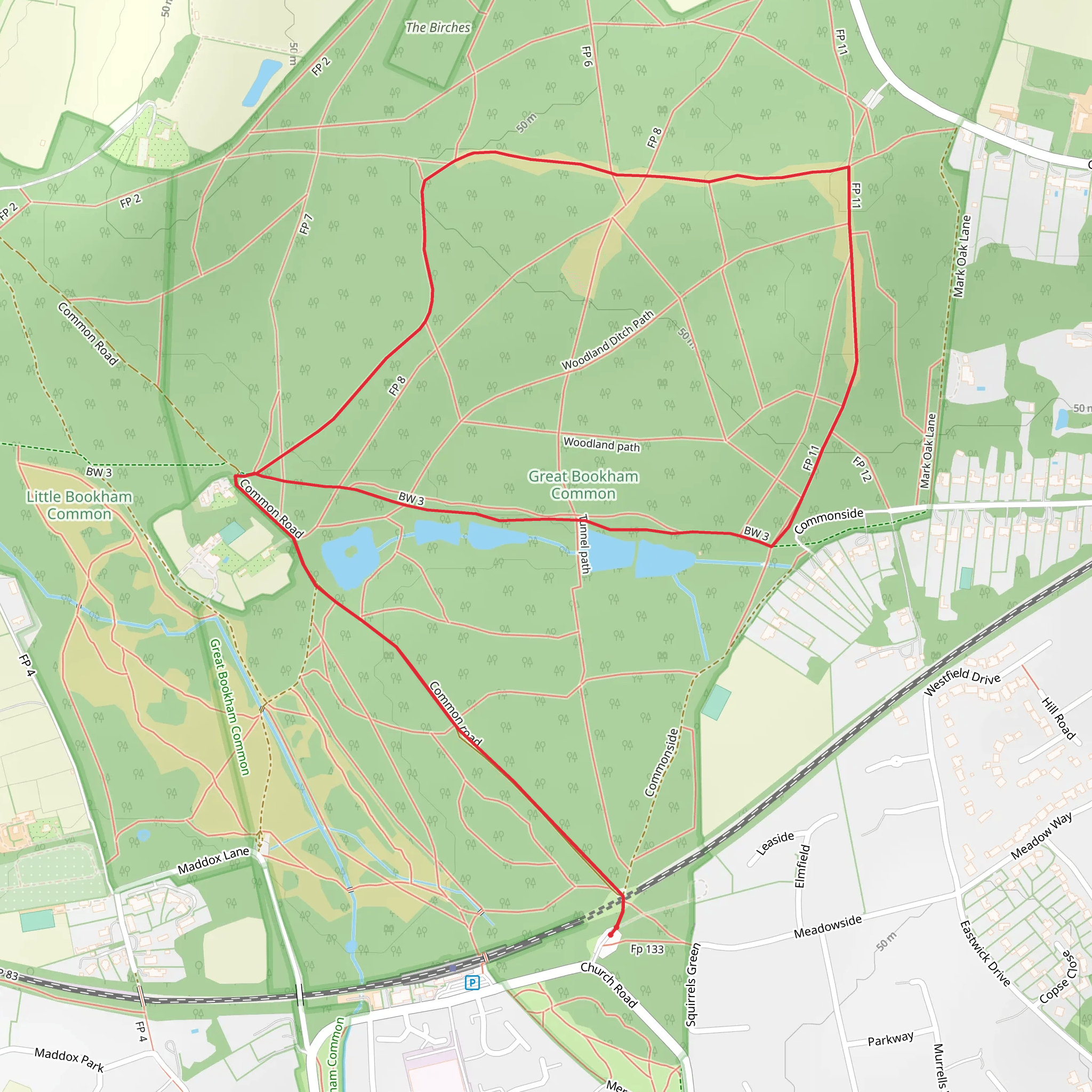 Great Bookham Common Loop via Common Road mobile static map