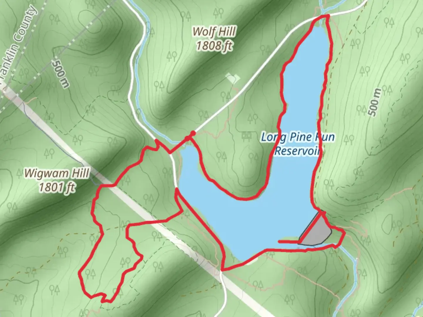 An image depicting the trail Long Pine Run Reservoir Loop Trail and its surrounding area.
