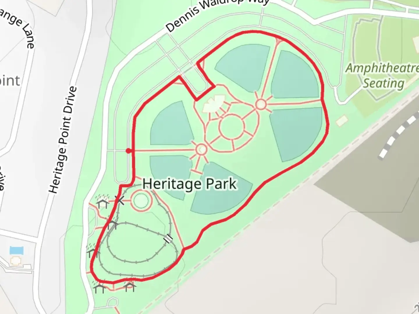 An image depicting the trail Heritage Park Loop and its surrounding area.