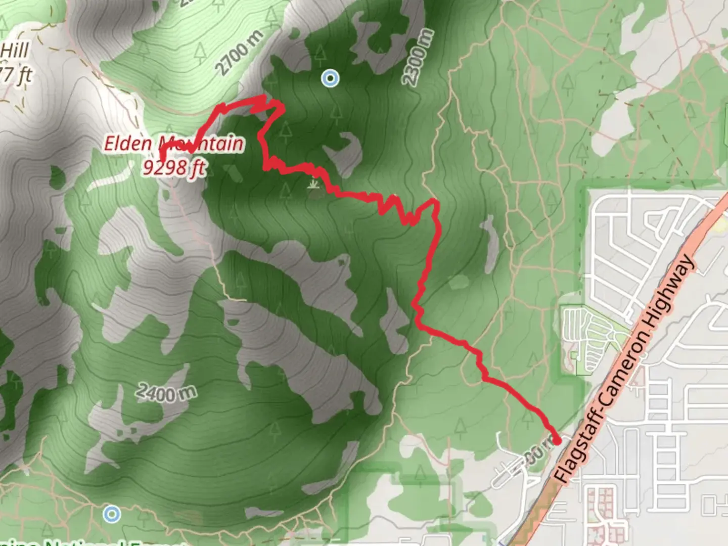 An image depicting the trail Elden Mountain via Lookout Trail and its surrounding area.