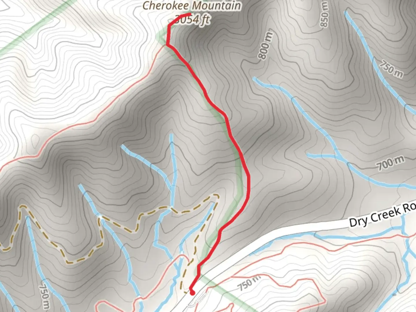 An image depicting the trail Cherokee Mountain via Cherokee Logging Road and its surrounding area.