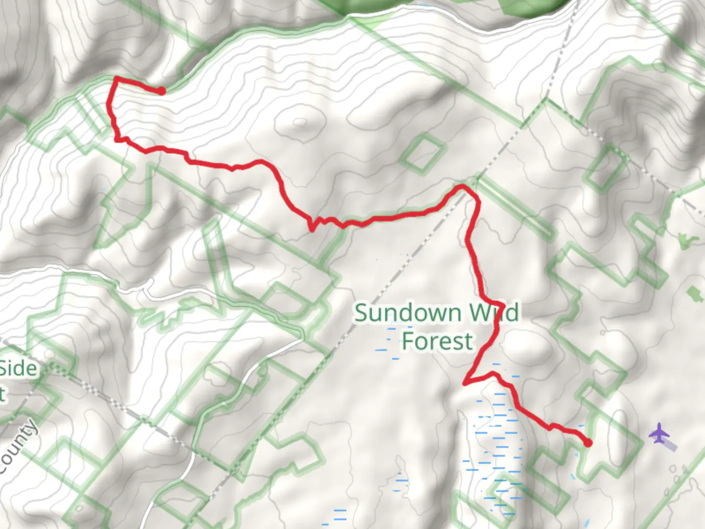 An image depicting the trail Pople Hill and Bangle Hill via Long Path and its surrounding area.