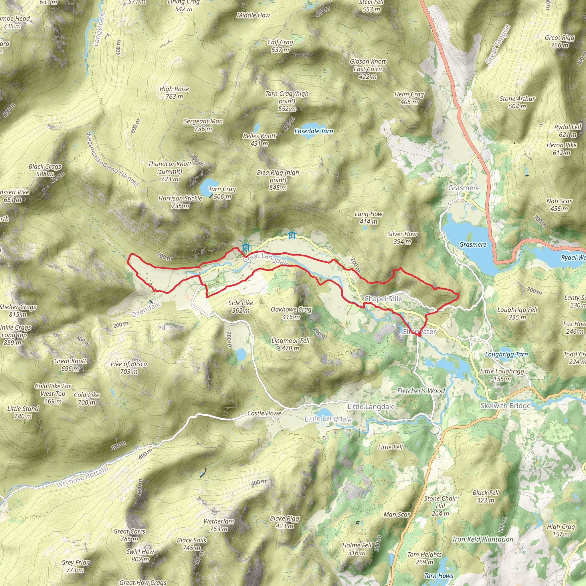 Great Langdale and Mickleden Valley from Elterwater mobile static map