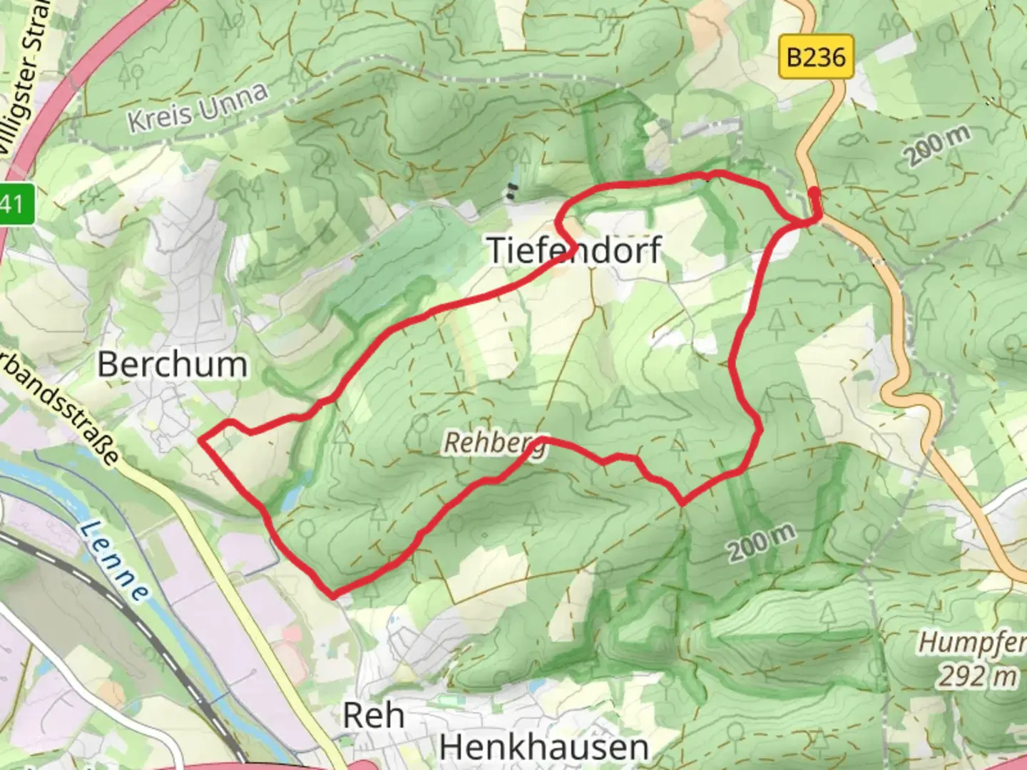 An image depicting the trail Berchum Rehberg and Rund um Schwerte Loop and its surrounding area.