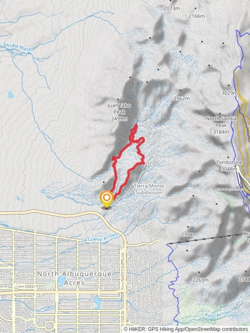 An image depicting the trail Juan Tabo Cabin Trail, Pinon Trail and Jaral Loop Trail and its surrounding area.