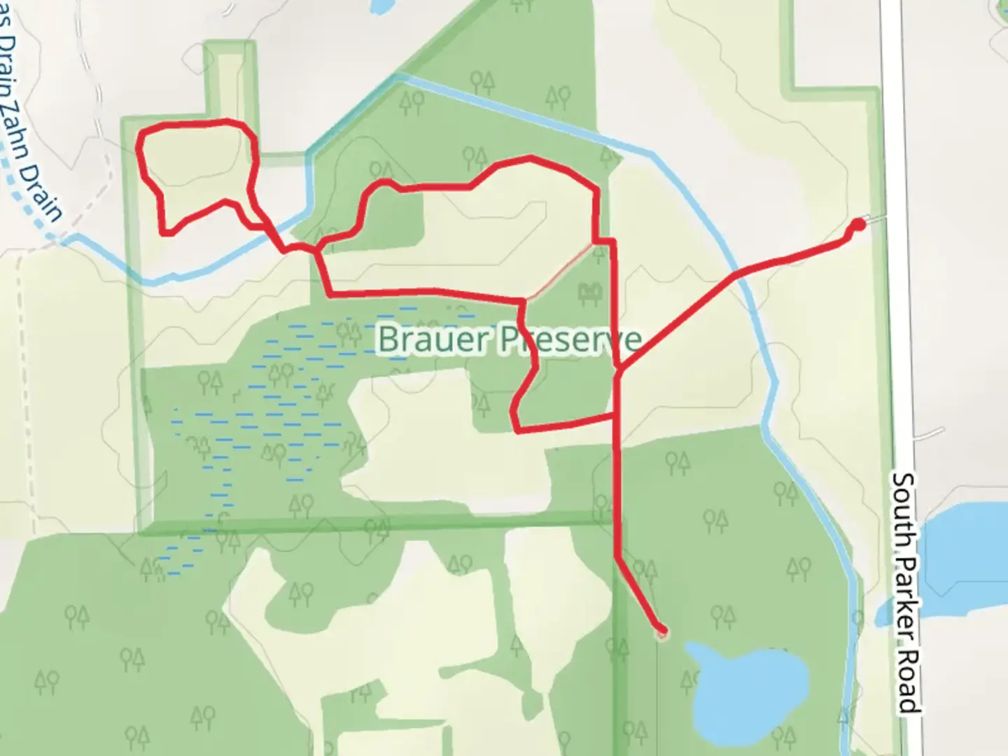 An image depicting the trail Blue, Red and Green Loop Trail and its surrounding area.