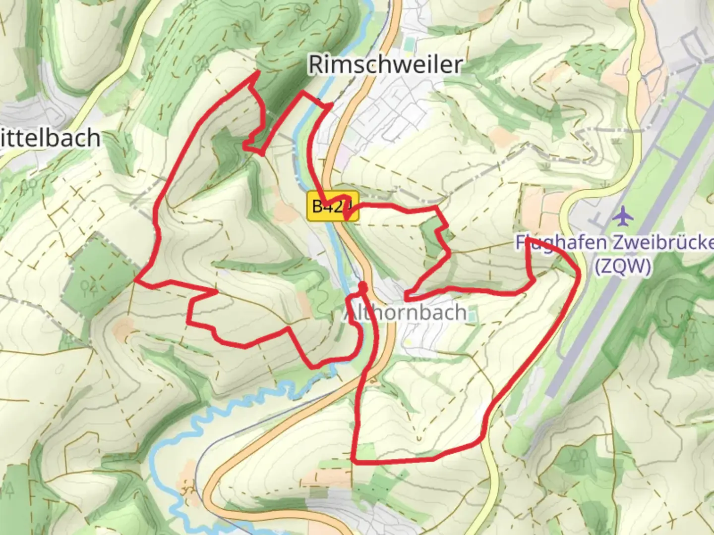 An image depicting the trail Spuernasenweg and Hornbach Loop and its surrounding area.