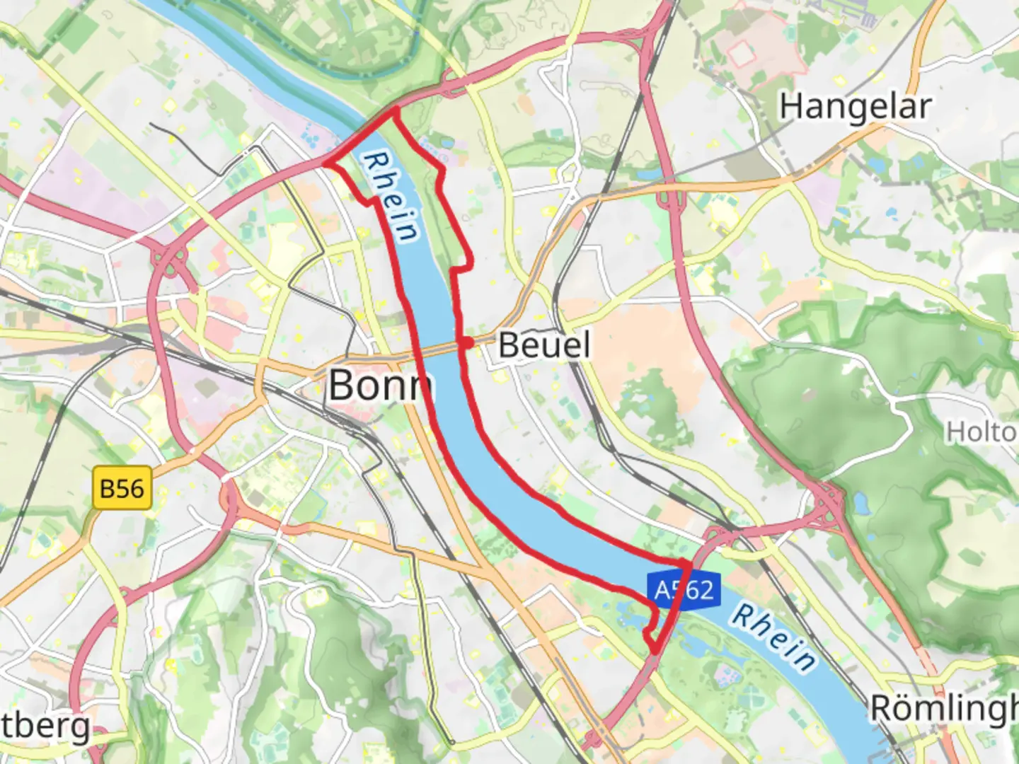 An image depicting the trail Boon and River Rhine Loop via Kennedybrucke and its surrounding area.