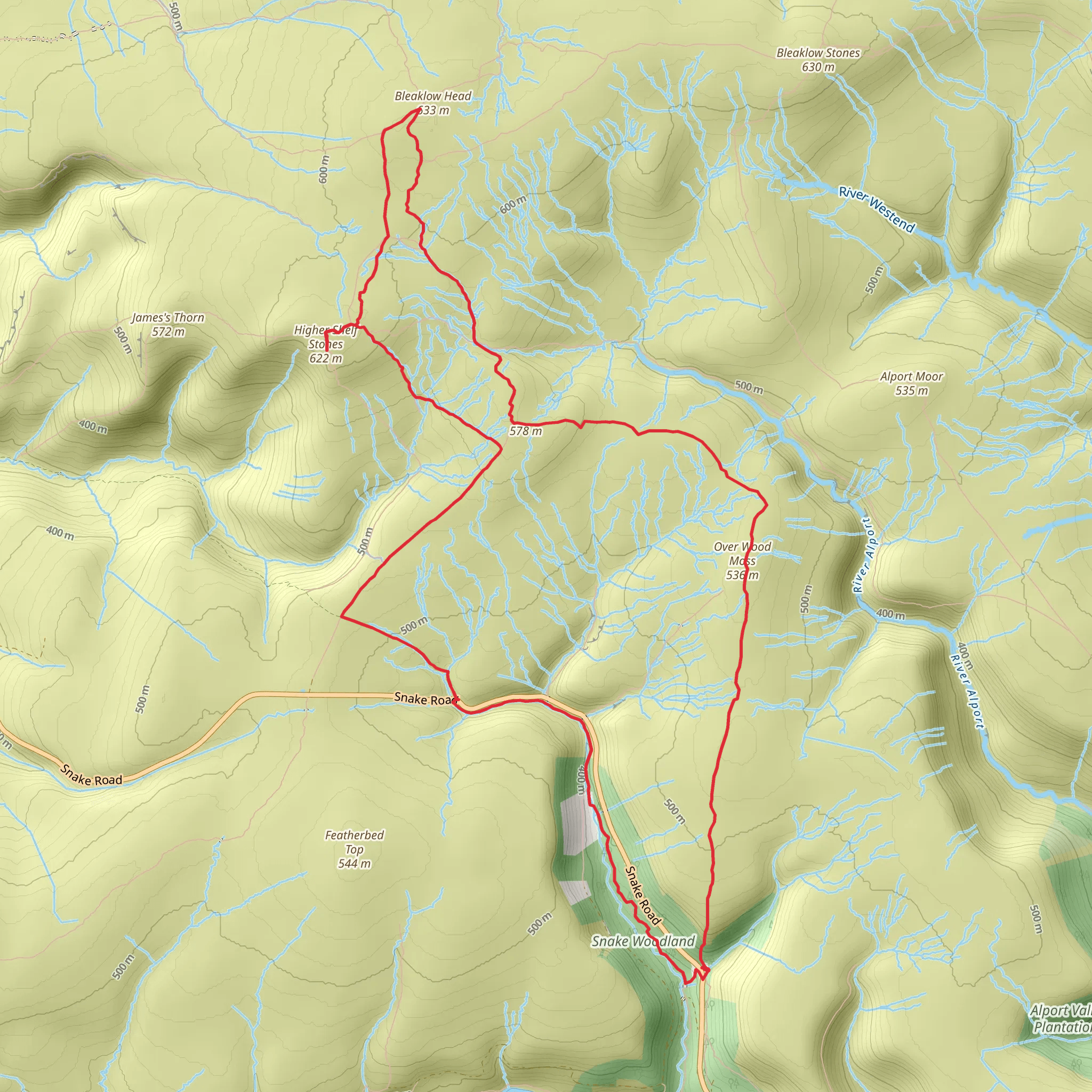 Over Wood Moss, Bleaklow Head and Higher Shelf Stones mobile static map