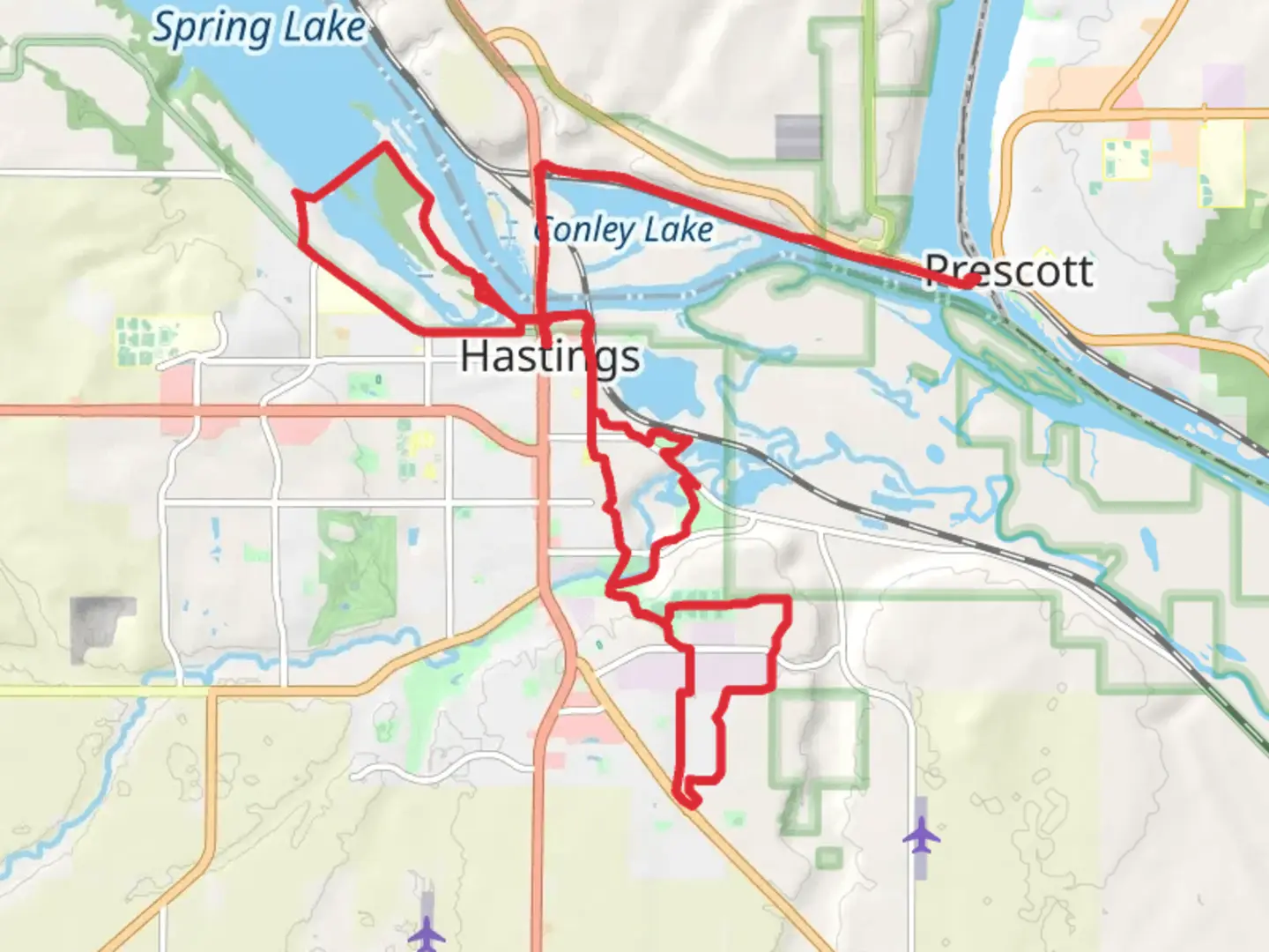 An image depicting the trail Rebecca Lakeside Cemetery, Rivertown Dog Park and Vermillion Falls Park Loop and its surrounding area.