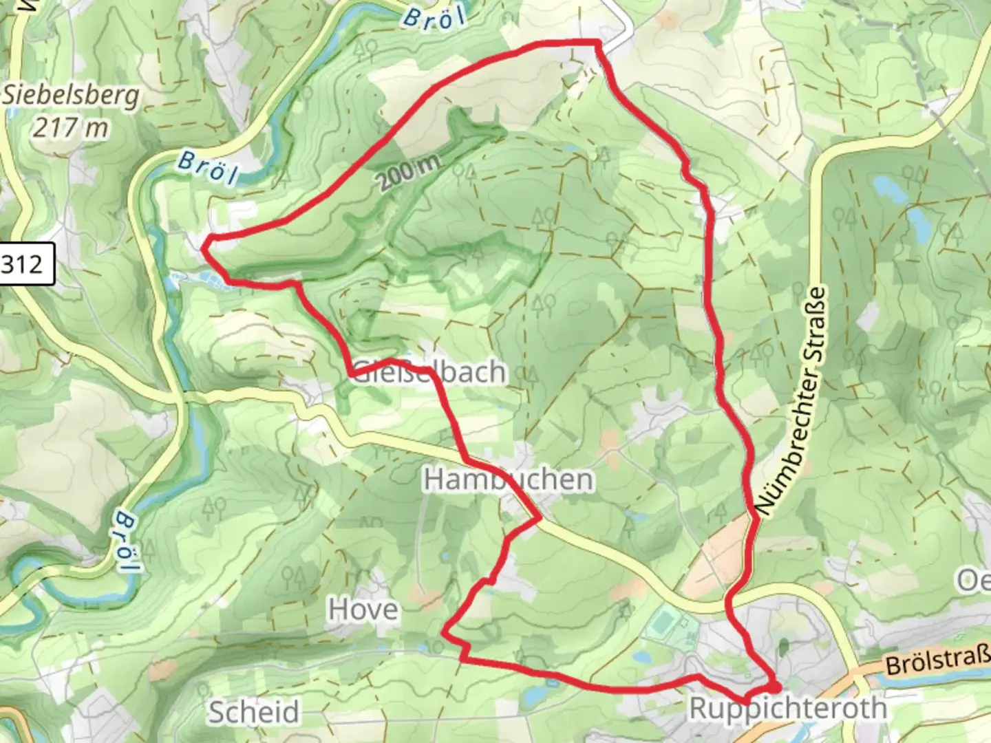 An image depicting the trail Ruppichteroth Rundweg V and its surrounding area.