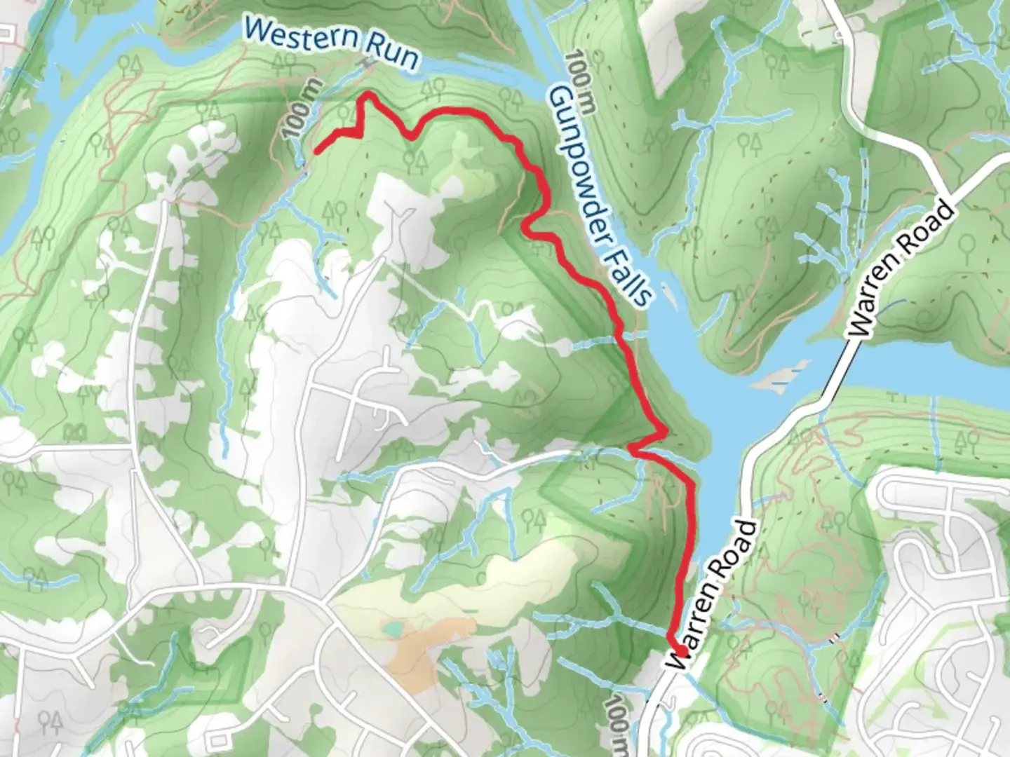 An image depicting the trail Sherwood Trail from Warren Road and its surrounding area.