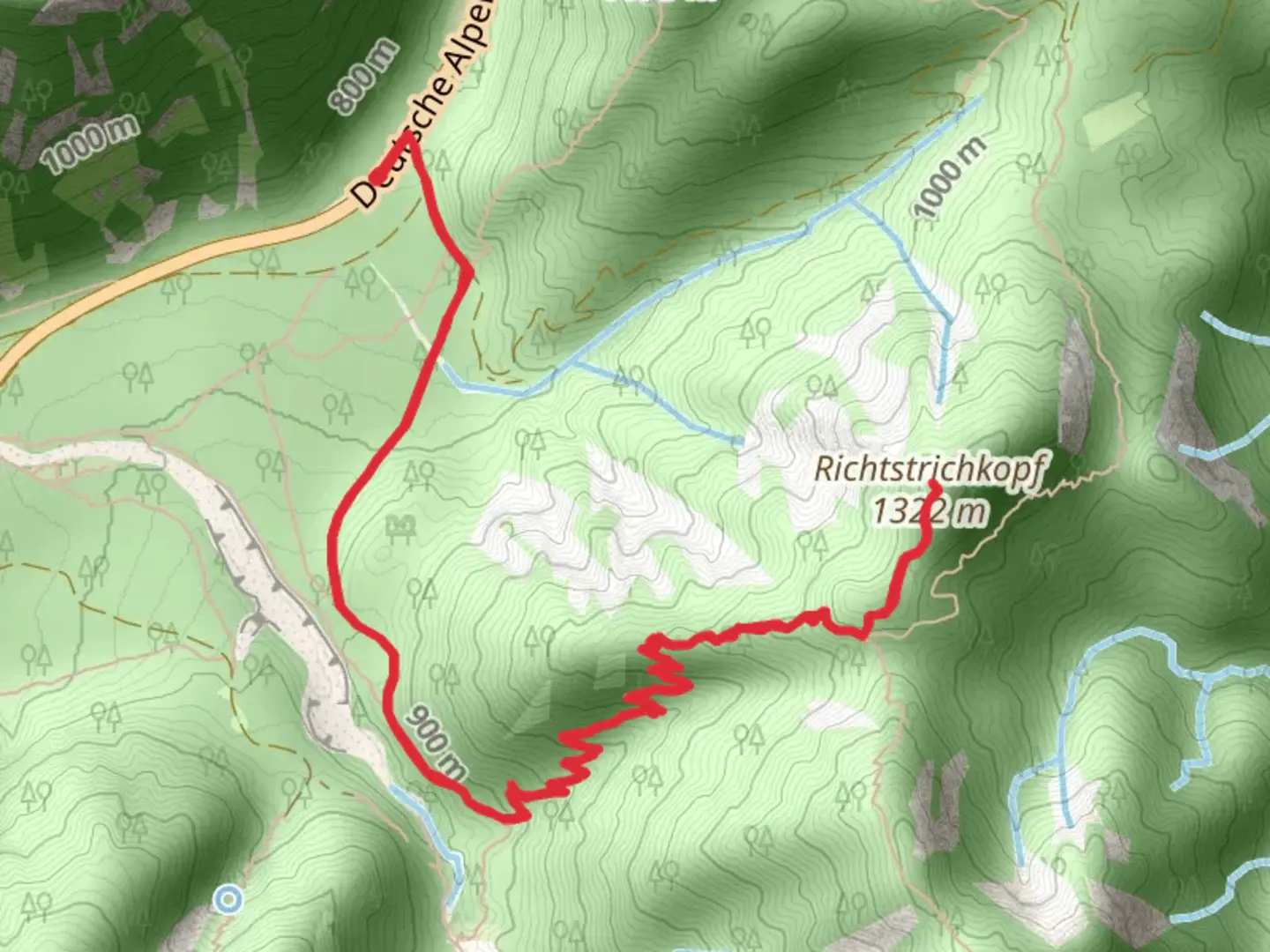 An image depicting the trail Richtstrichkopf Out and Back and its surrounding area.