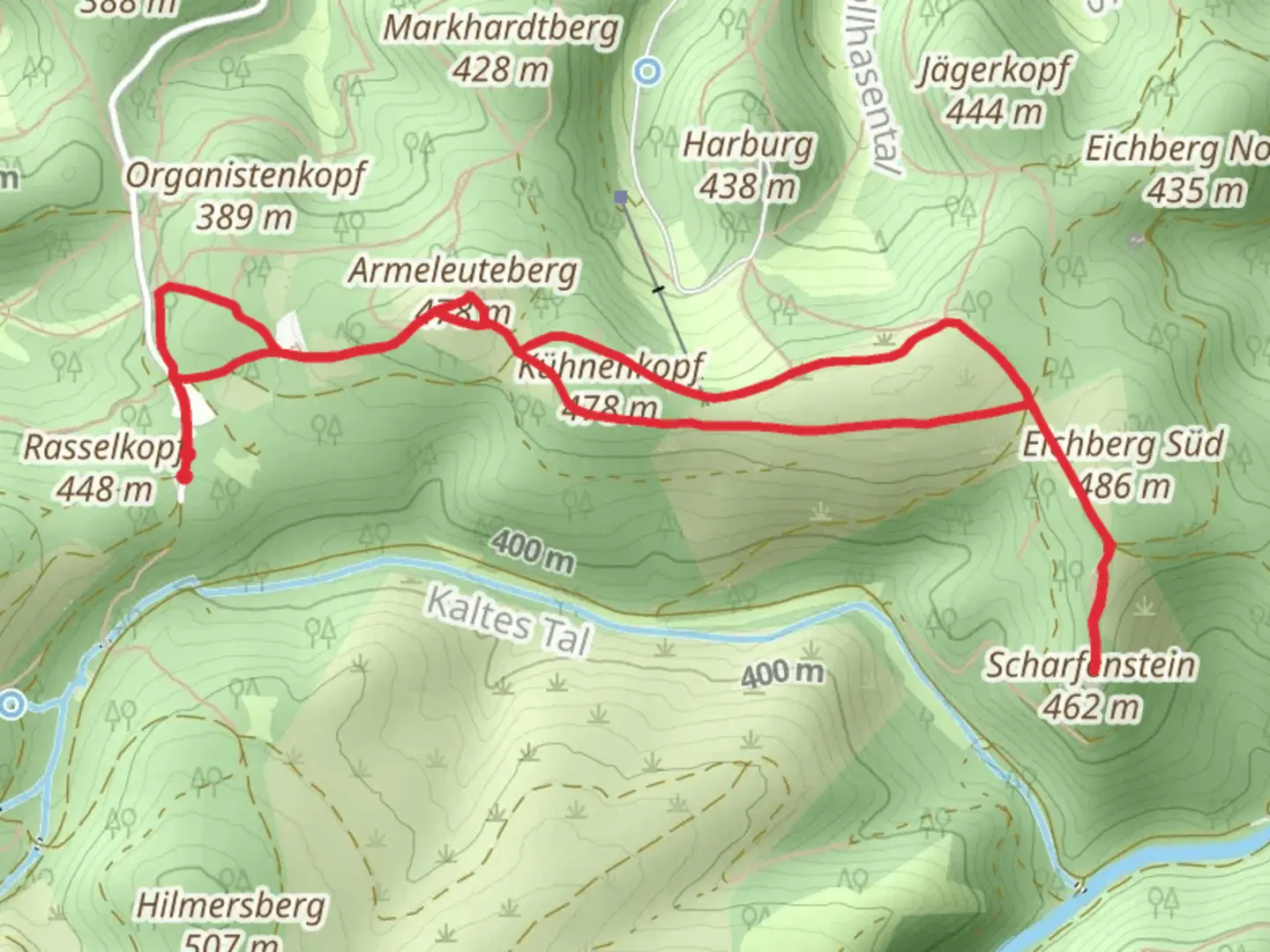 An image depicting the trail Armeleuteberg and Scharfenstein via Wernigeroder Maerchenweg and Kuehnekopfweg and its surrounding area.