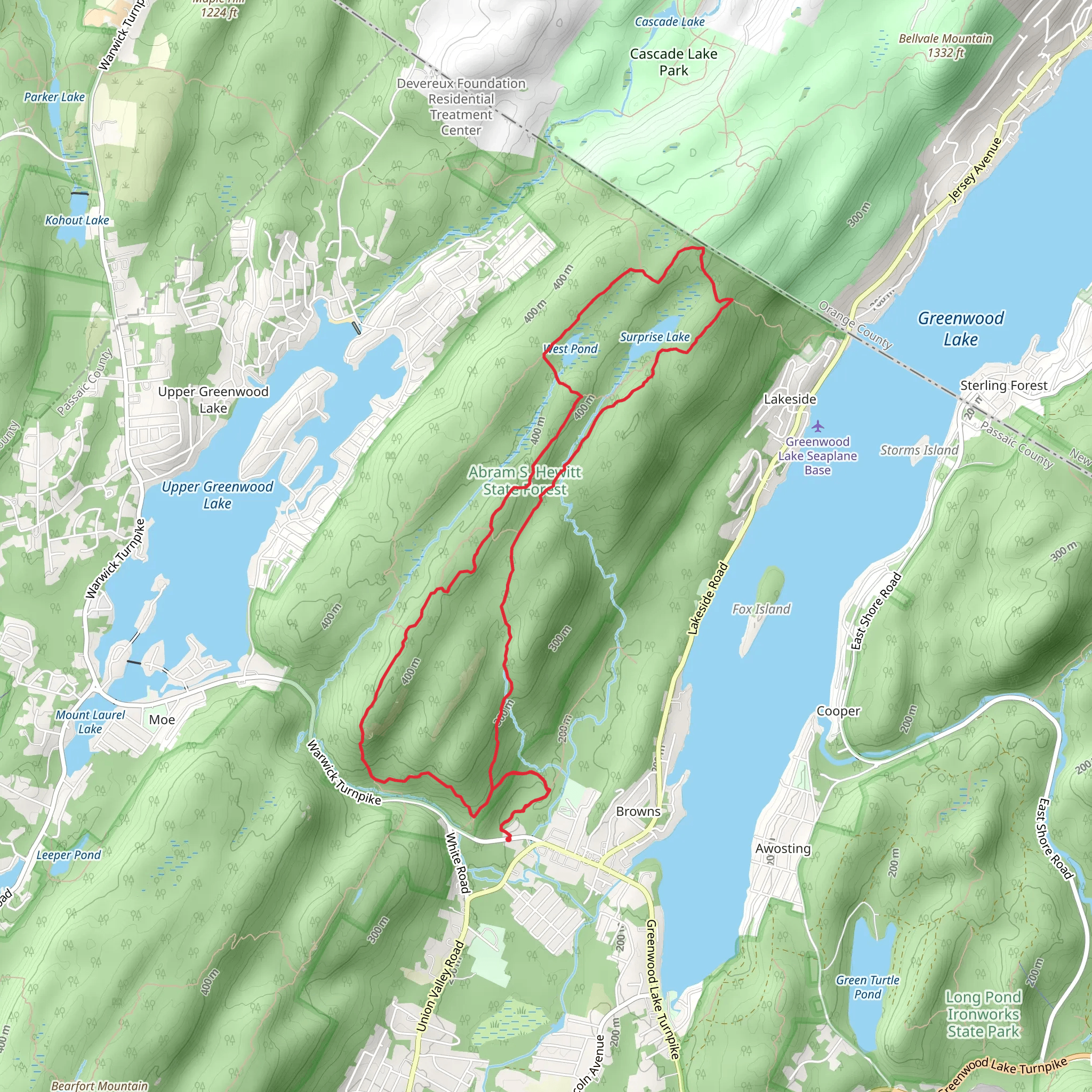 Surprise Lake, West Pond Loop via Earnest Walter Trail and Quail Trail mobile static map