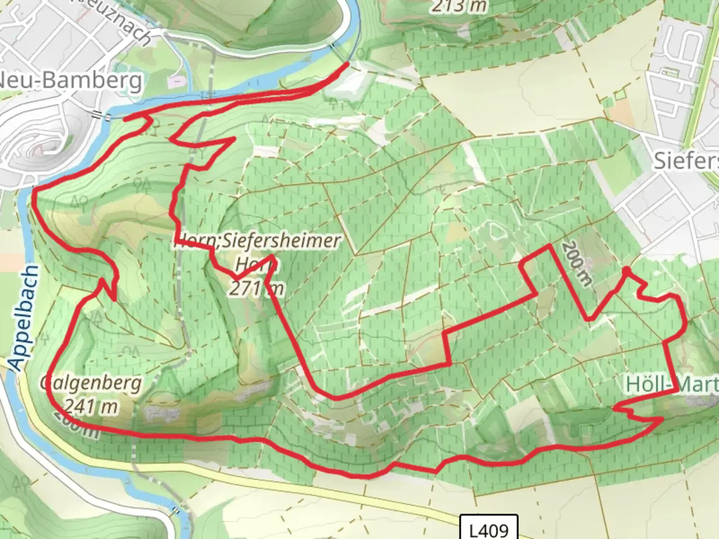 An image depicting the trail Horn Siefersgeimer Horn via Ehem Bahnstrecker Sprendlingen Fuerfeld and its surrounding area.
