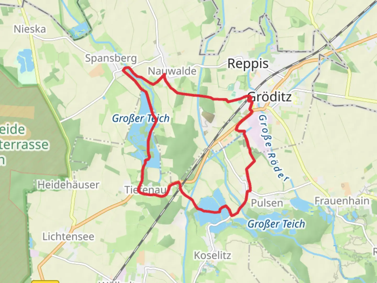 An image depicting the trail Grober Teich and Hoschteich Loop from Groditz and its surrounding area.