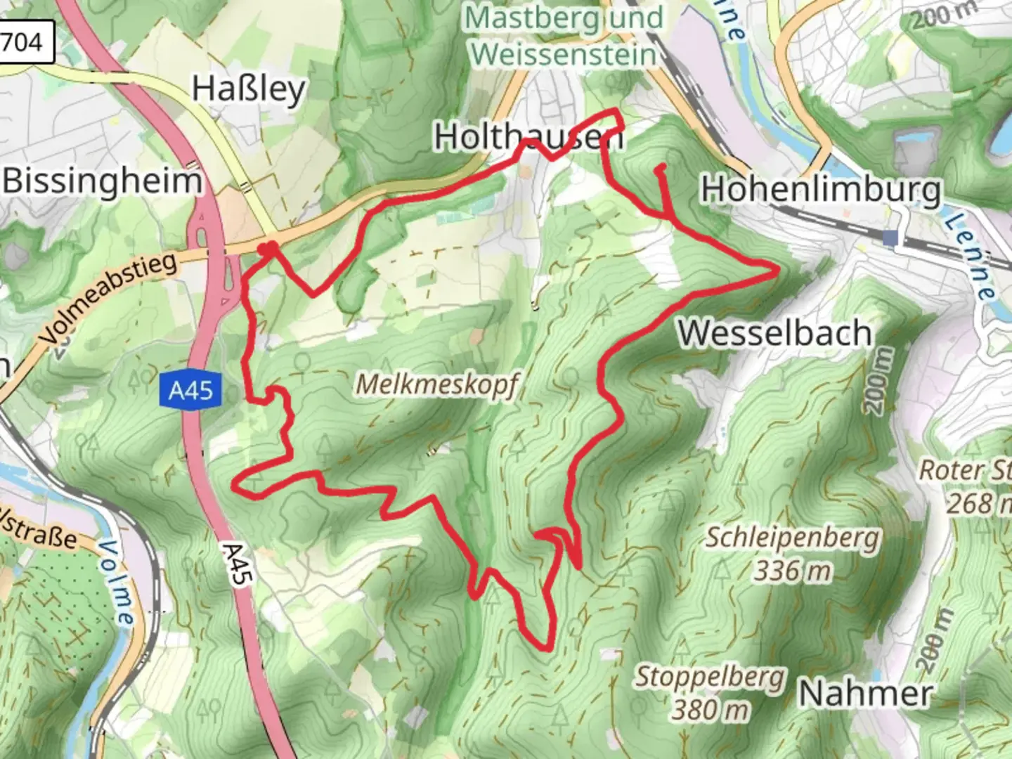 An image depicting the trail Raffenberg and Piepenbrink via Rundweg ueber dir Volmehoehen and its surrounding area.