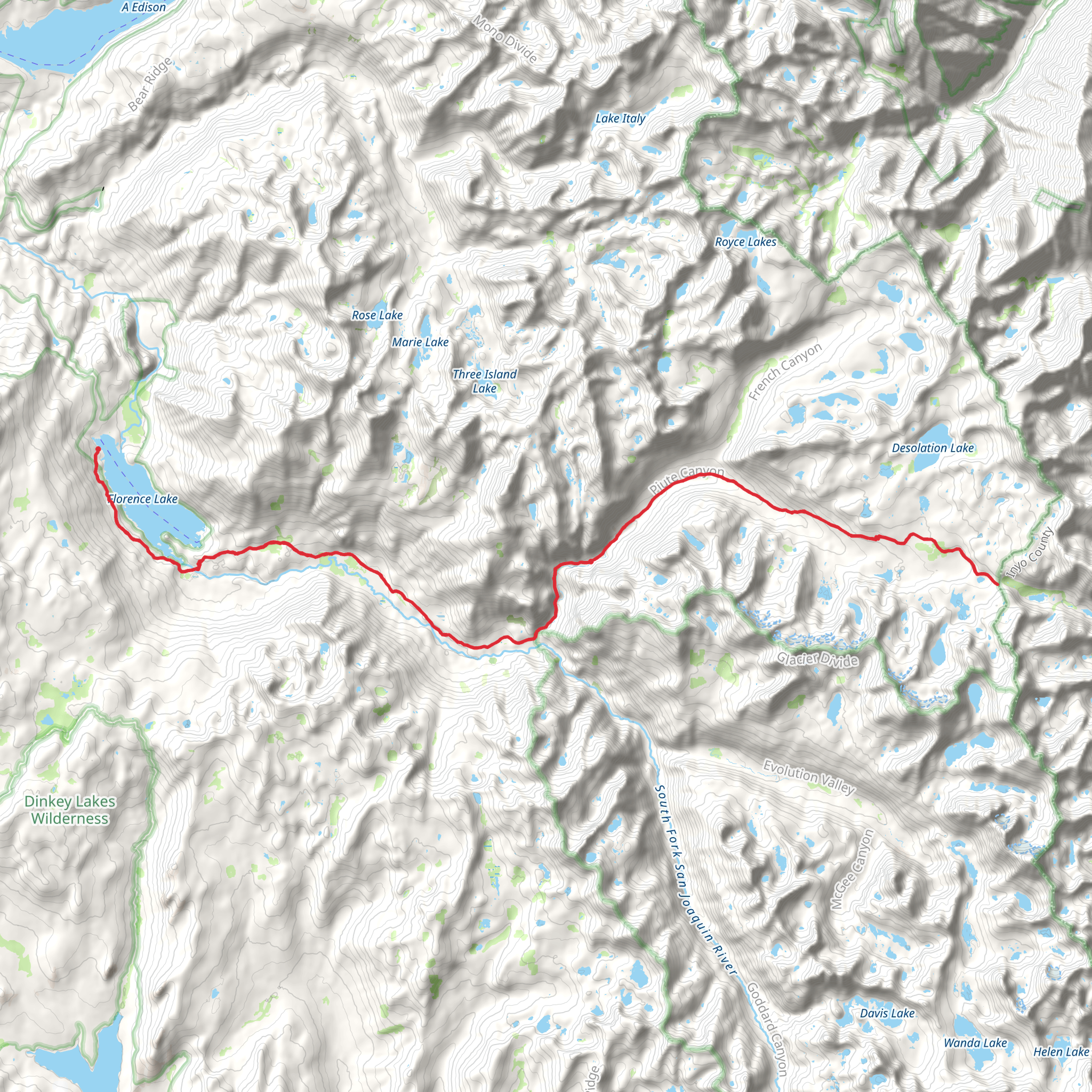 Piute Canyon Trail via Florence Lake Trail mobile static map