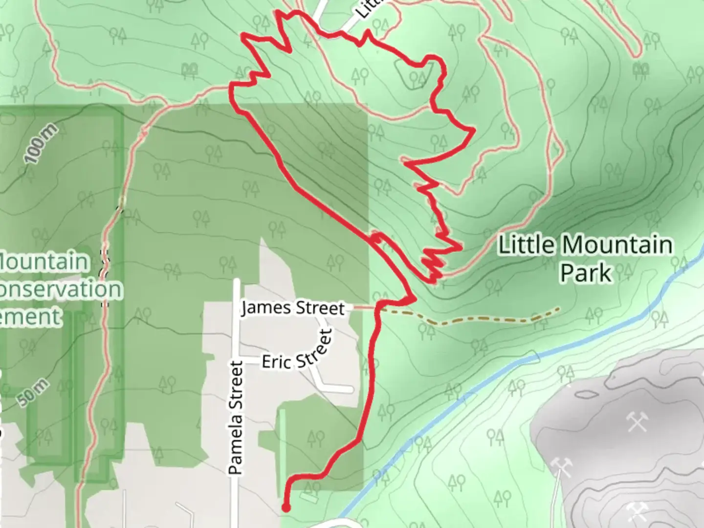An image depicting the trail Southern Connector, Down South and Up Quick Loop and its surrounding area.