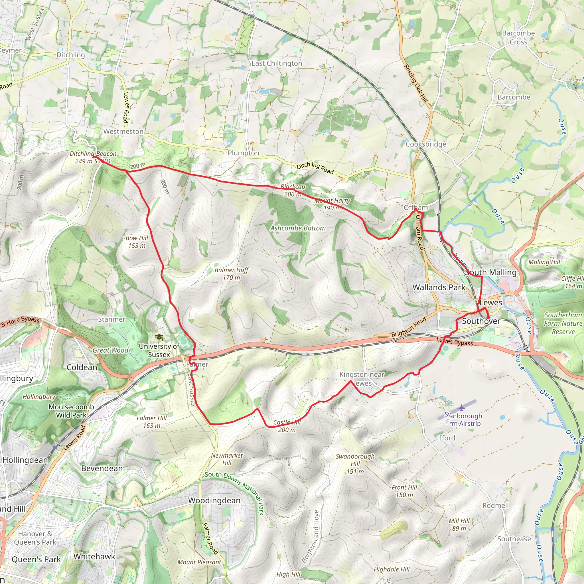 Lewes, Falmer and Offham Loop via Ditchling Beacon mobile static map