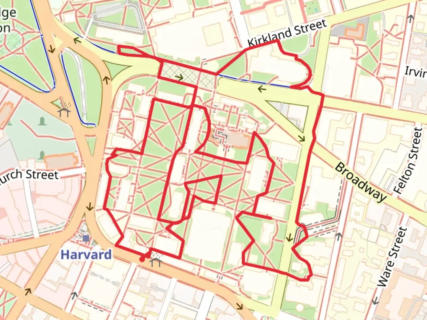 An image depicting the trail Harvard Yard Loop Trail and its surrounding area.