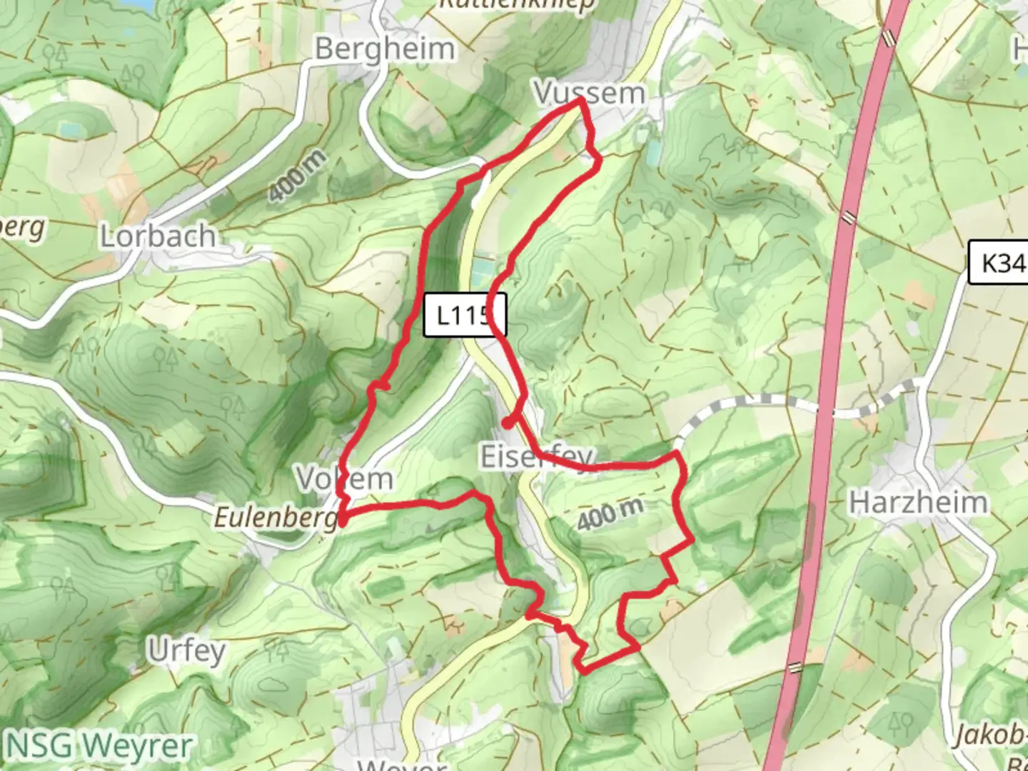 An image depicting the trail Roemerkanal Wanderweg and Roemerkanal Aufsxhluss via Vussem Rundweg and its surrounding area.