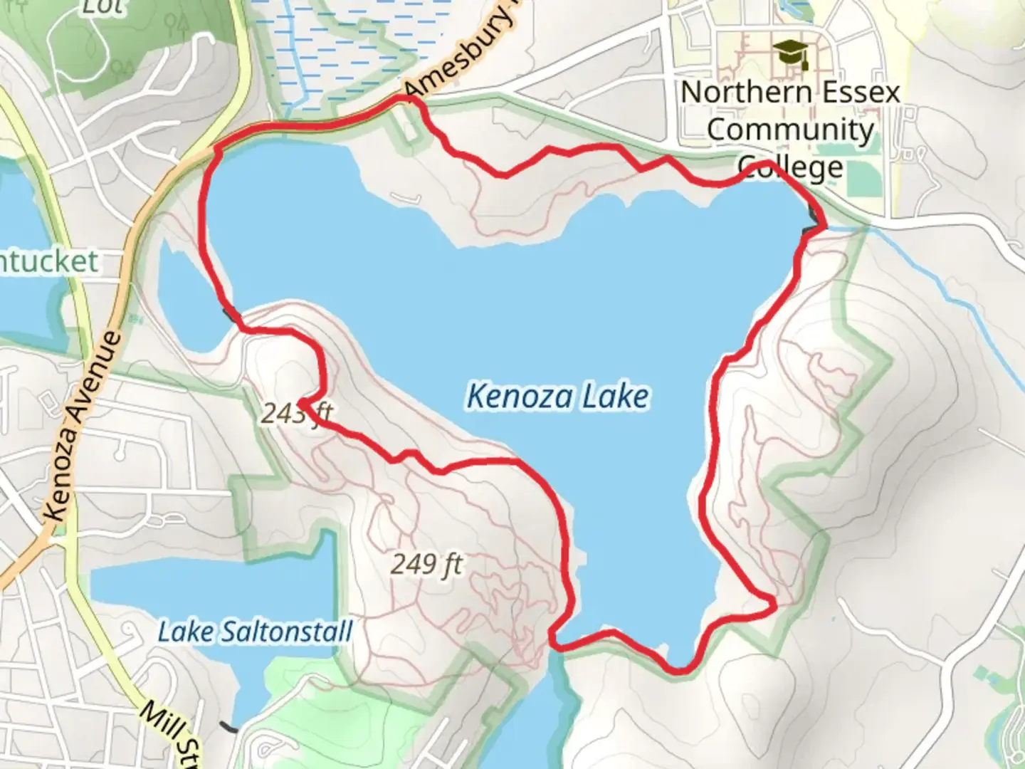 An image depicting the trail Kenoza Lake Loop and its surrounding area.